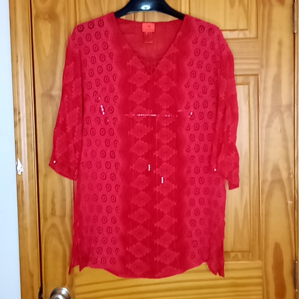 V Cristina red swim cover up.